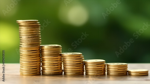 Rows of stack gold coins on wood table over green background. growing business, education and retirement.