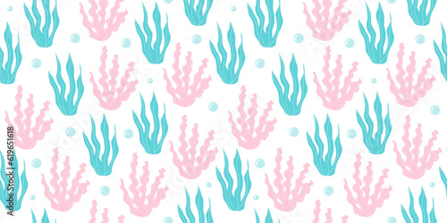 Vector seamless pattern with seaweed, sea plants