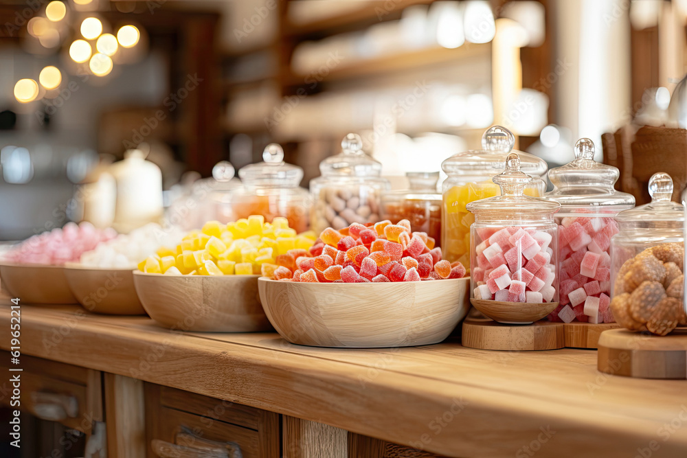 Various sweets on the table in a shop, Generative AI