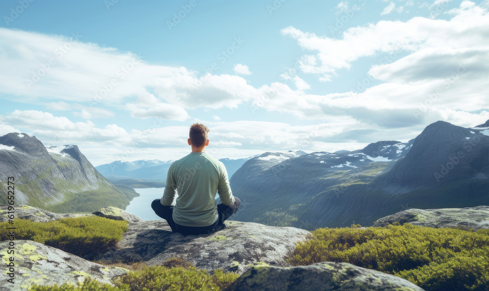 Back view of a man meditating in mountains, Generative AI