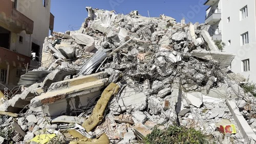Ruins and debris of a building demolished with a heavy equipment