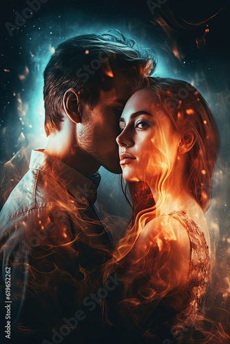 Sexy couple, passionate man kissing sensual woman, multi exposure with flames of love. Cover of a love story. Vertical illustration of Generative AI