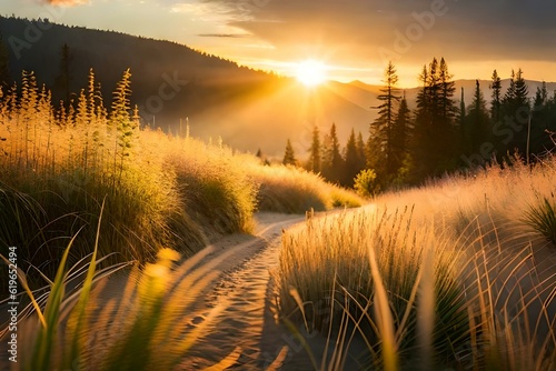 Sunset in the field, golden waves caress swaying grass, nature's farewell kiss ignites the horizon's canvas