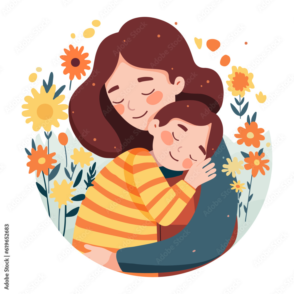 adult woman holding her baby son with love to illustrate mother's day or motherhood minimalist vector illustration