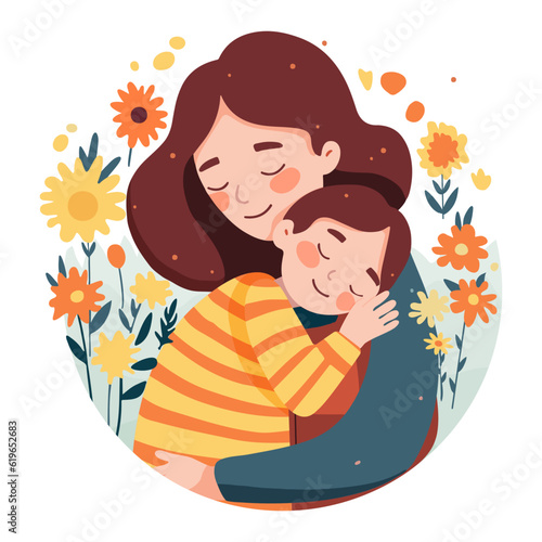 adult woman holding her baby son with love to illustrate mother s day or motherhood minimalist vector illustration