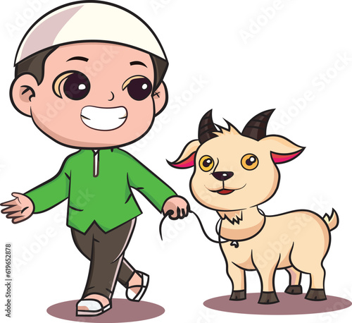People are sacrificing goats qurban on eid al adha mubarak festival card background, Eid al-adha illustration with child and goat.