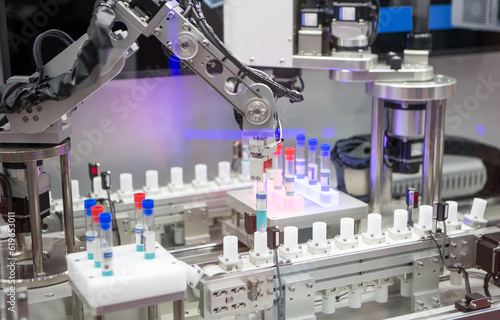 Automated process in laboratory. Robot arm with test tube virus in laboratory.
