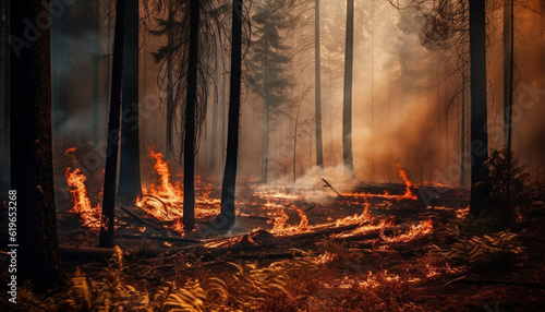 Burning forest fire, natural phenomenon, heat, temperature, environmental damage generated by AI