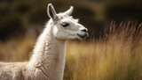 Fluffy alpaca grazes in green meadow, posing generated by AI