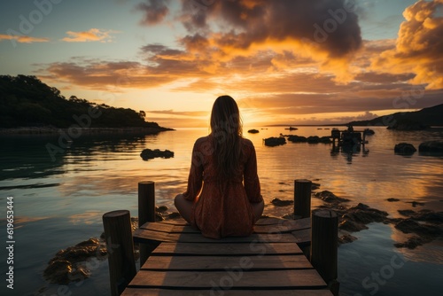 hopeless and melancholic woman at the edge of the sea on an island paradise and a luxury resort at a breathtaking sunset