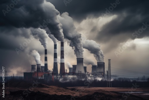 Power plant with smoking chimneys on a background of blue sky. coal energy production industry produces electricity through the combustion of coal and closing environment problem, AI Generated