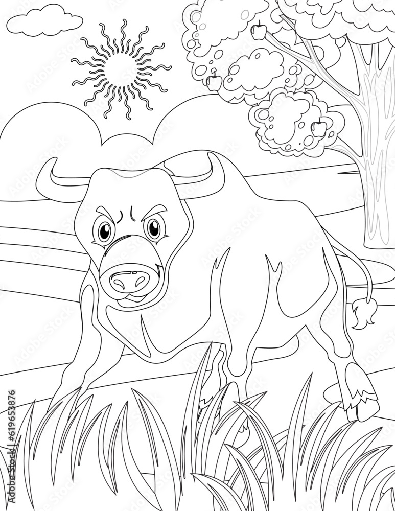 Animal Coloring page I Buffalo coloring page for kids Stock Vector