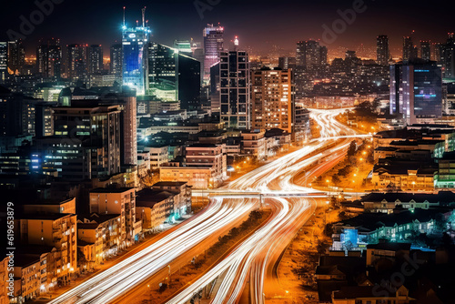 Night cityscape of big city and trails of light, Generative AI © HiroSund