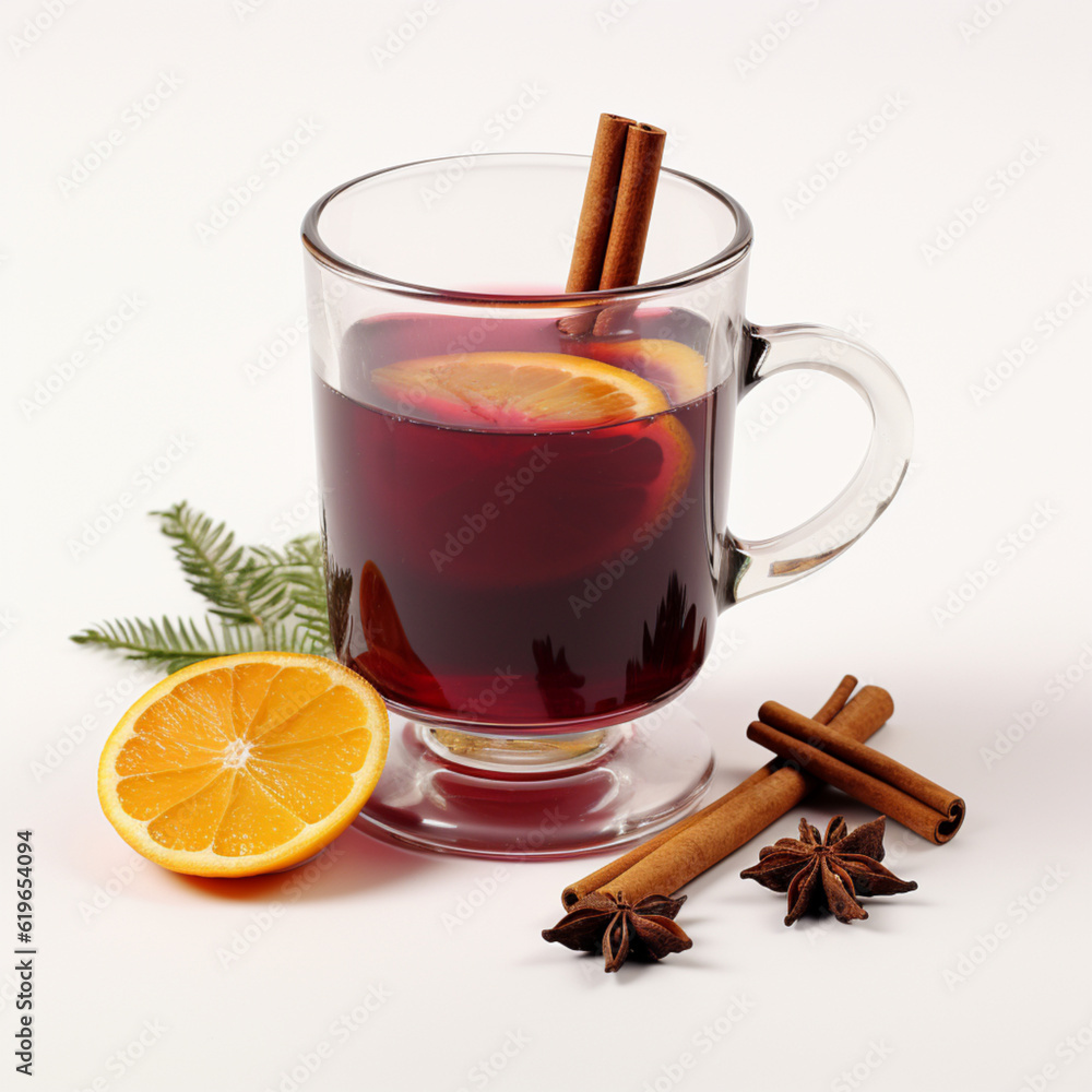 Illustration, AI generation. Mulled wine on a white background. Illustration, AI generation. Mulled wine on a white background.