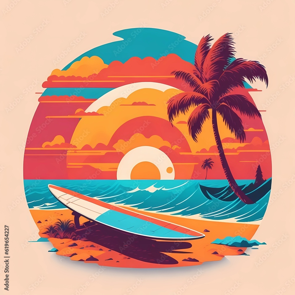 surf board at the beach with color art illustration, generative Ai art	