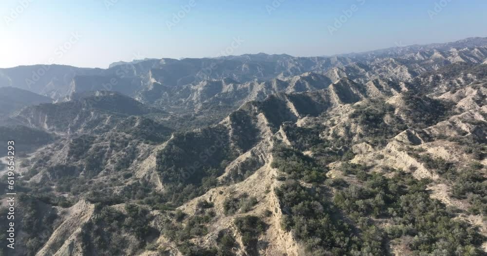 Aerial view of beautiful textures and hills in Vashlovani national park. Gorgeous place in Georgia.