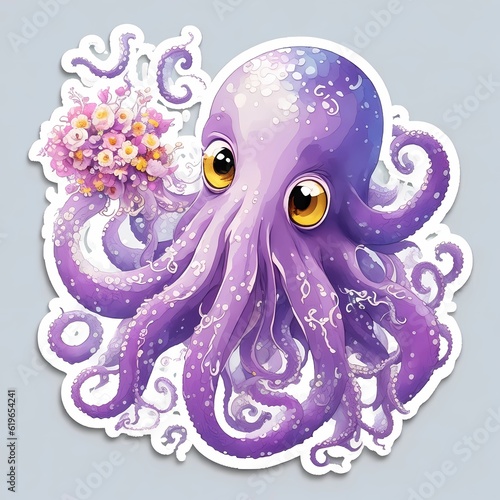 purple octopus with sticker art illustration, generative Ai art