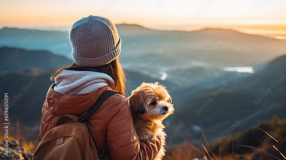 mountain view background and back side of tourist woman. she's traveling with dog. they are best friend. she's holding a dog at view point at mountain. morning light and bokeh. Ai generated. mountain view background and back side of tourist woman. she's traveling with dog. they are best friend. she's holding a dog at view point at mountain. morning light and bokeh. Ai generated.