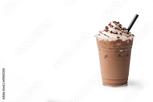 Chocolate milkshake in plastic takeaway cup isolated on white background with copy space