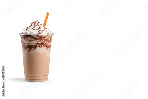 Chocolate milkshake in plastic takeaway cup isolated on white background with copy space