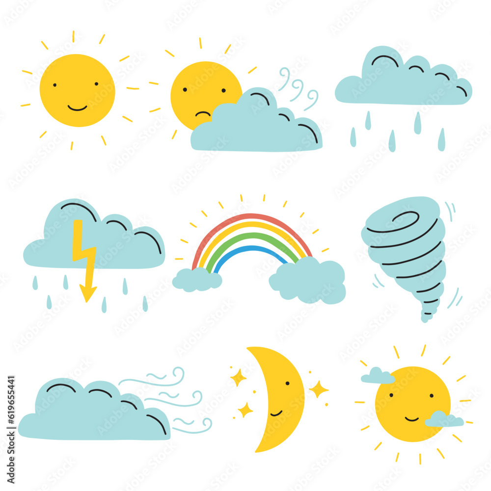 A set of cute weather icons. Vector illustration in doodle style for your design A set of cute weather icons. Vector illustration in doodle style for your design