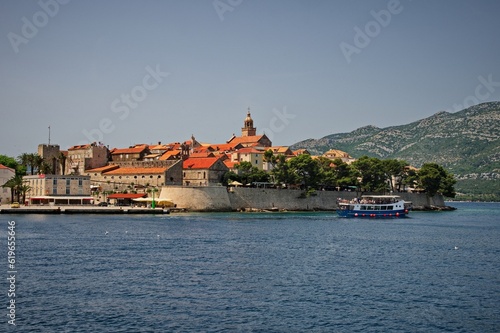 Scenic view of Korcula town on Adriatic sea, Croatia