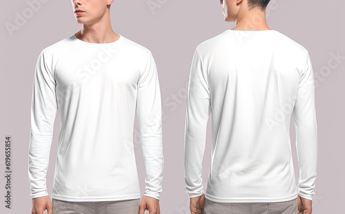 Man wearing a white T-shirt with long sleeves. Front and back view