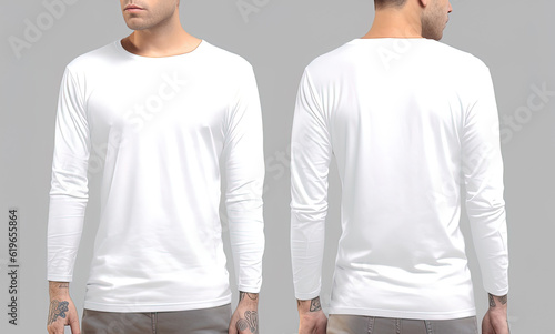 Man wearing a white T-shirt with long sleeves. Front and back view