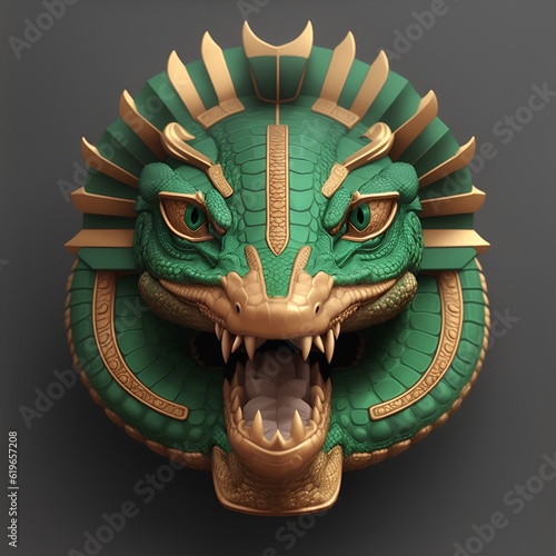 crocodile quetzalcoatl head, symmetrical, flat icon design, 3D render. AI generated photo