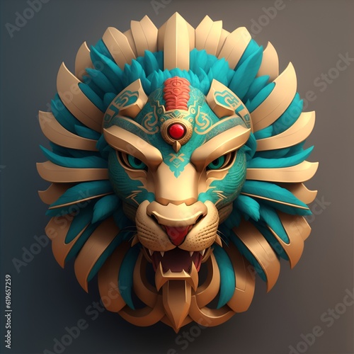 Lion quetzalcoatl head, symmetrical, flat icon design, 3D render. AI generated photo