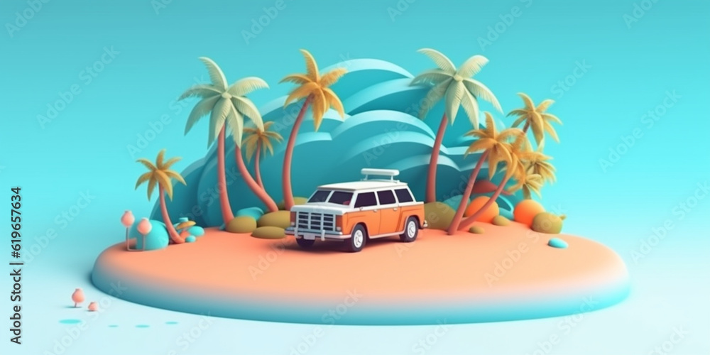 Mini van parking on a beach island, concept of beach vacation, landing page template in cute 3d cartoon illustration