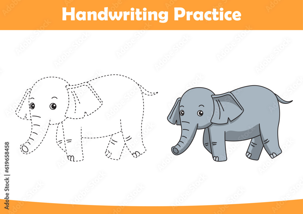 Naklejka premium Practice handwriting. Tracing elephant lines and coloring for children