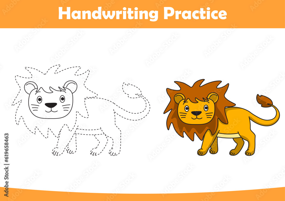 Naklejka premium Practice handwriting. Tracing lion lines and coloring for children