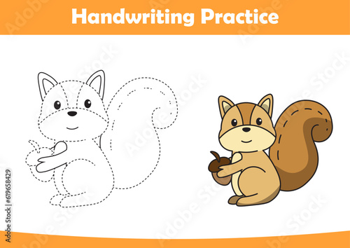Practice handwriting. Tracing squirrel lines and coloring for children