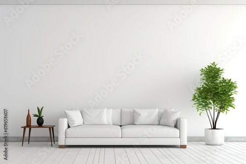 minimal room, white wall with copy space, cozy furniture. create with Ai generative
