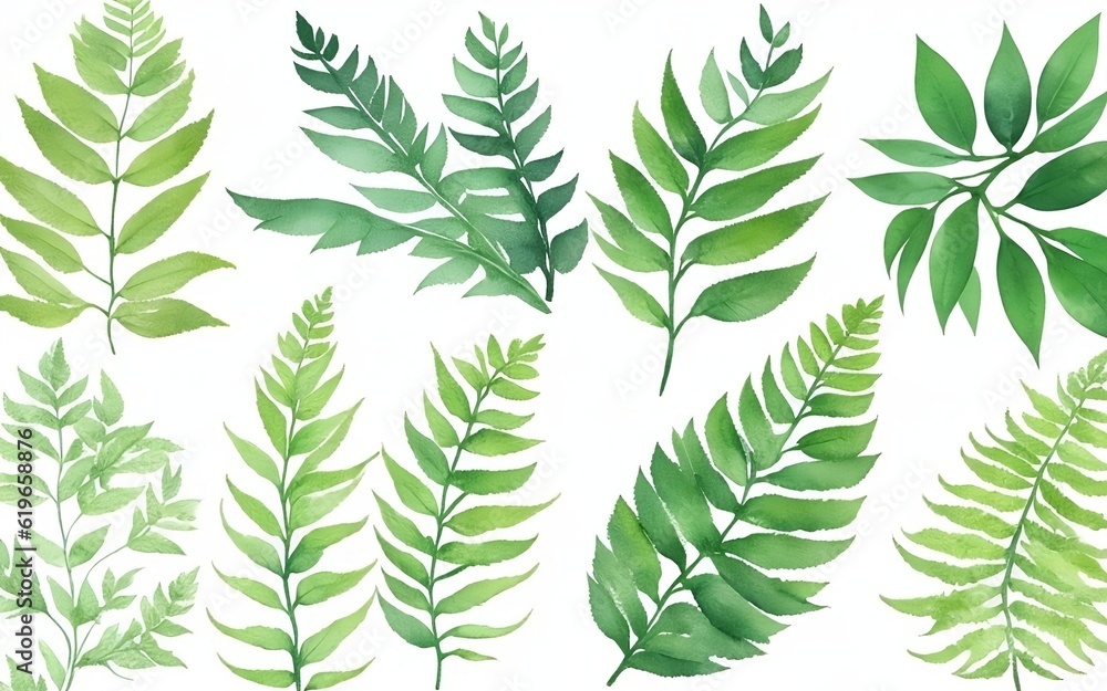 collection of green forest ferns, tropical green eucalyptus greenery art foliage natural leaves herbs in watercolor style. generated by Ai collection of green forest ferns, tropical green eucalyptus greenery art foliage natural leaves herbs in watercolor style. generated by Ai