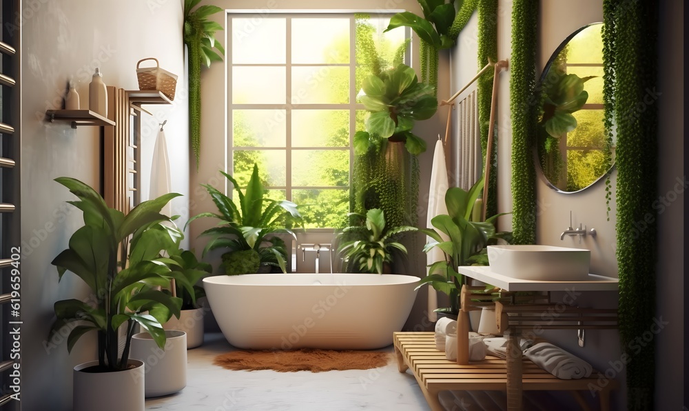 Bathroom interior decorated with green plants. Modern comfortable bathroom. Generative AI