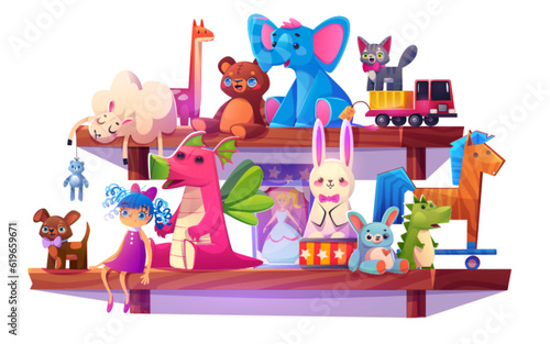 Toy shelf for baby store cartoon game illustration. Wood shop rack element for kindergarten or store design with elephant, dinosaur, horse and rabbit isolated on background. Showcase display furniture