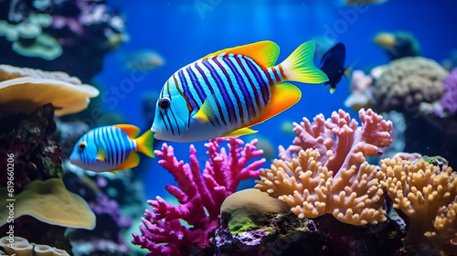 Colorful fish swims among colorful corals.