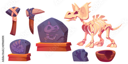 Fossil dinosaur skeleton for museum vector cartoon icon set. Stone footprint, triceratops bone and skull isolated on background. Dig ancient jurassic archaeologist discovery exhibit with broken vase