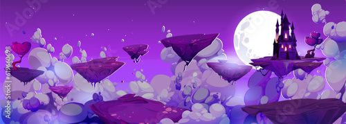 Mystery floating rock islands, fantasy sky road to magic castle vector background. Medieval kingdom fairytale landscape illustration at night. Halloween fortress silhouette with cloud and moonlight.