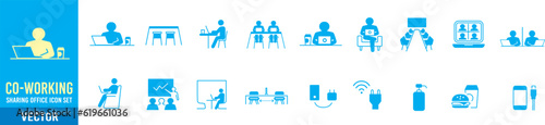 Co-working space line icon set. Included icons as coworkers, coworking, sharing office, business, company, work and more.
