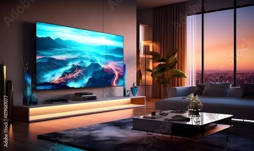Big Tv In A Living Room. Elegant living room with big tv screen. Generative AI