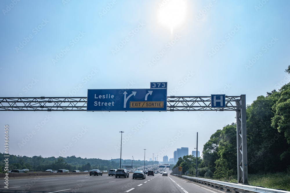 View of the traffic on Highway 401 in Toronto, Ontario, Canada at rush hour at the Leslie Street exit
