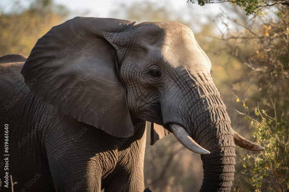 A large elephant viewed from the side during mid-morning