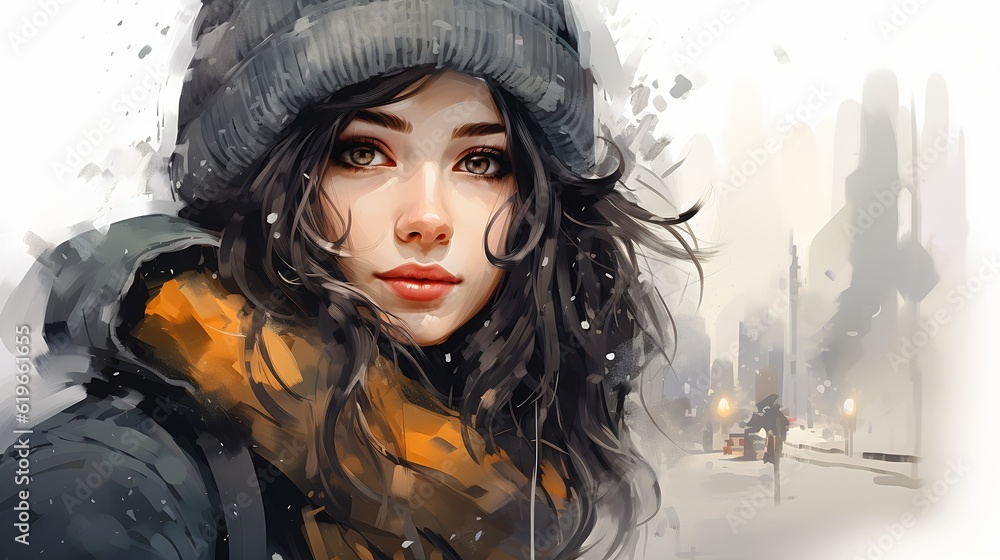 sketch closeup woman wearing hat scarf portrait cute girl frozen cold
