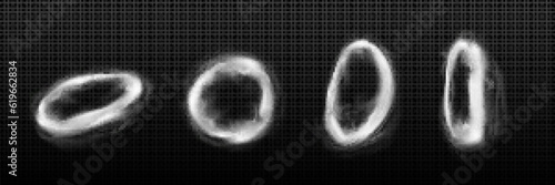 Smoke ring cloud vector steam round cloud effect. Abstract transparent hookah shape isolated on background. 3d realistic vapor or cigarette frame mist texture. Air trail icon for jump game element