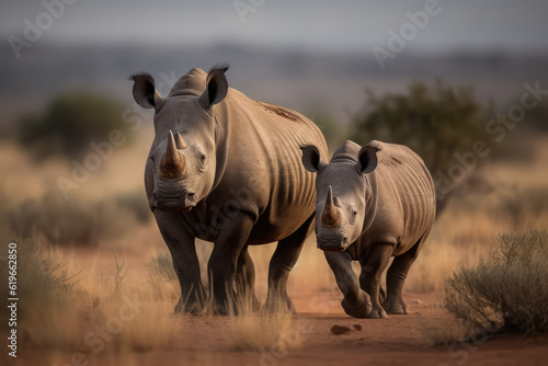 Rhinoceros mother and its offspring are leisurely walking across the expansive savanna, generative AI © Kien