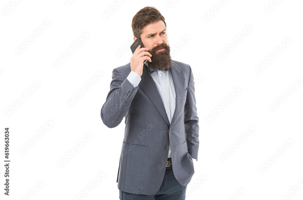 Always in touch with clients. man speaking on phone. Agile business. mature man. success deal. Business talk. business communication. bearded businessman in formal suit. Confident businessman Always in touch with clients. man speaking on phone. Agile business. mature man. success deal. Business talk. business communication. bearded businessman in formal suit. Confident businessman