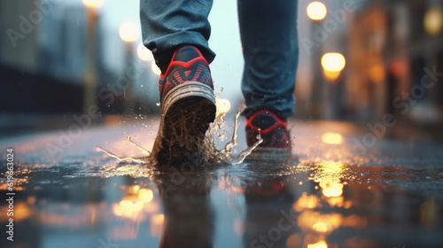 A person walking in the rain on a city street, Generative AI